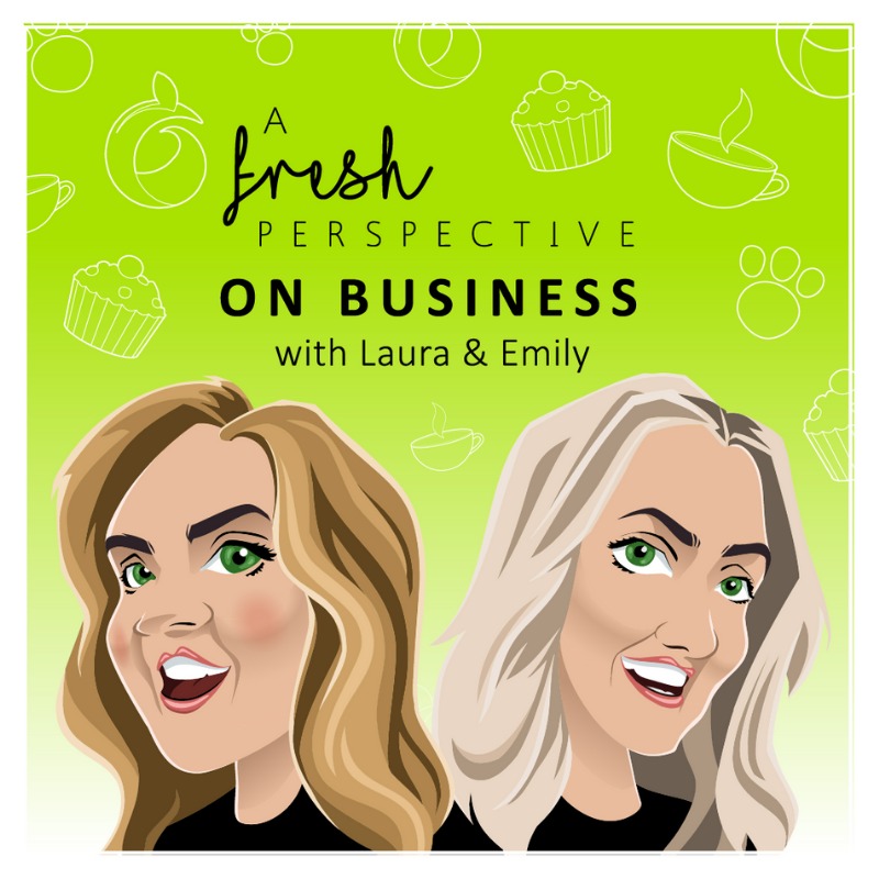 A caricature of Laura & Emily Leyland promoting their Podcast, A Fresh Perspective On Business Podcast